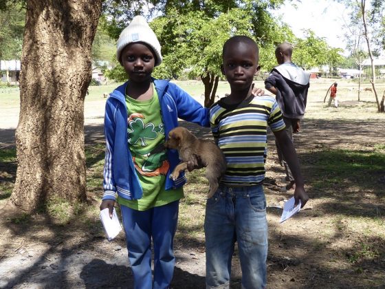 Two Tanzanian boys bringing their dog to FVAI clinic