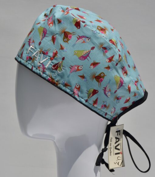 surgical cap-small birds in turquoise