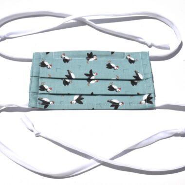 mask with ties-puffins in turquoise