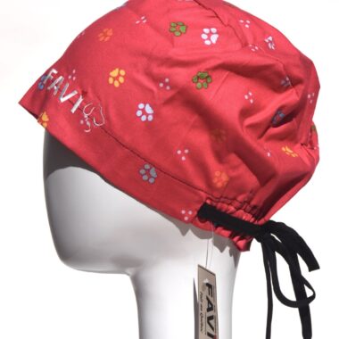 semi-bouffant surgical cap-small paws in red