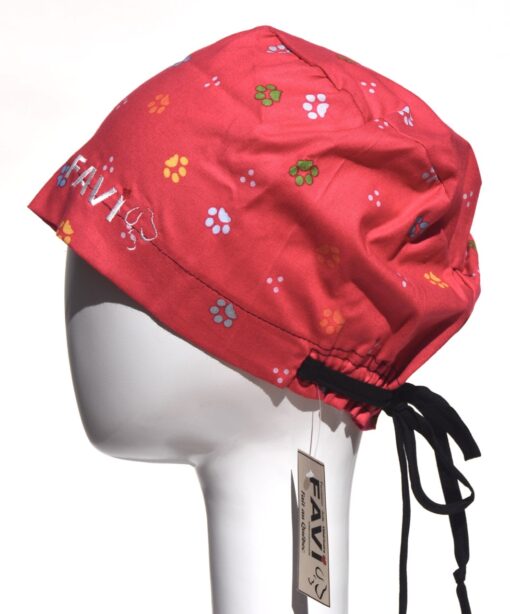 semi-bouffant surgical cap-small paws in red