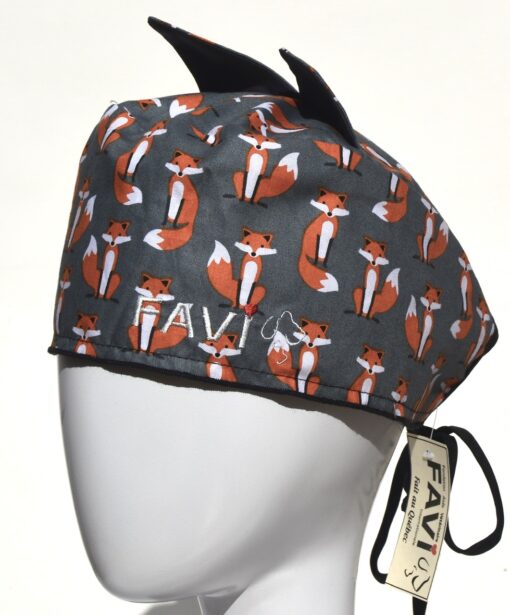Surgical cap with ears-small foxes in grey