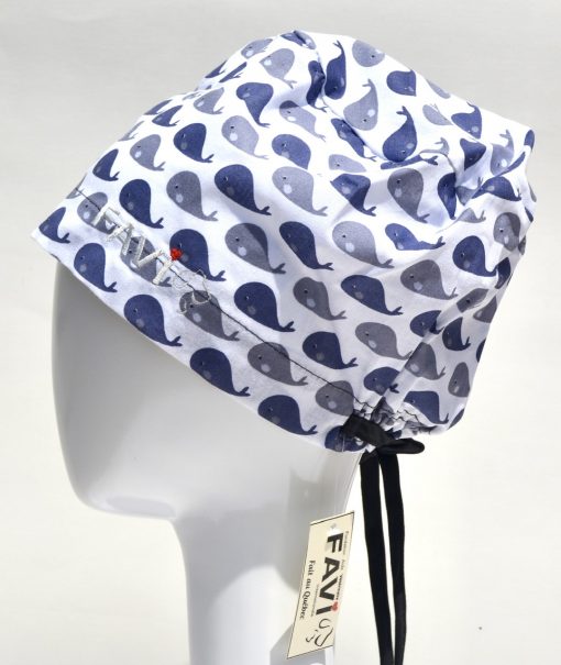 semi-bouffant surgical cap-whales in grey