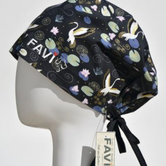 semi-bouffant surgical cap-cranes and water lilies in black