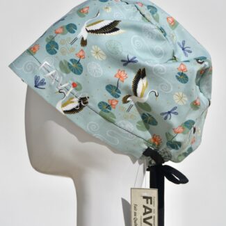 semi-bouffant surgical cap-cranes and water lilies in pale green