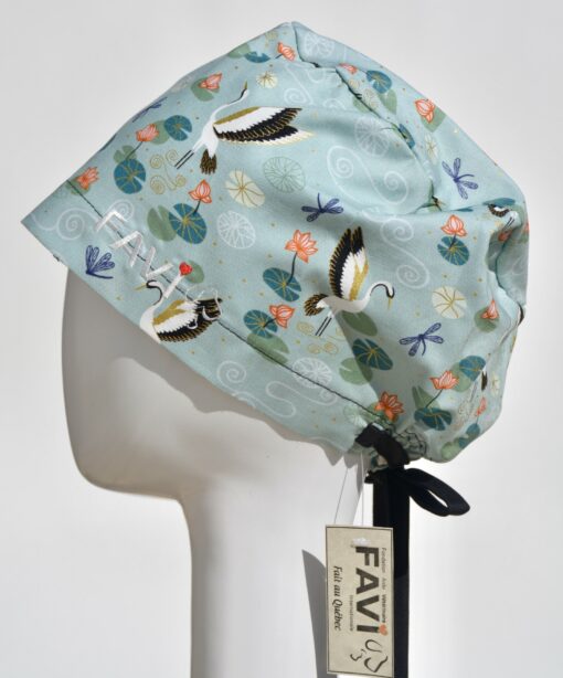 semi-bouffant surgical cap-cranes and water lilies in pale green