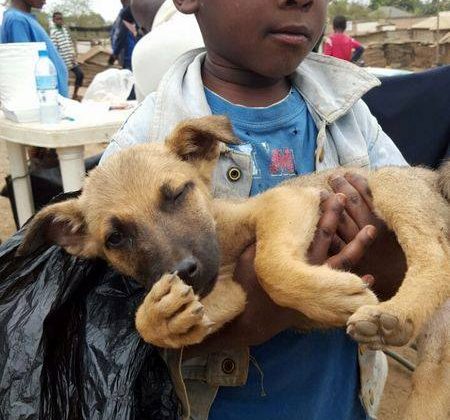 Petit garçon avec son chien en Tanzanie