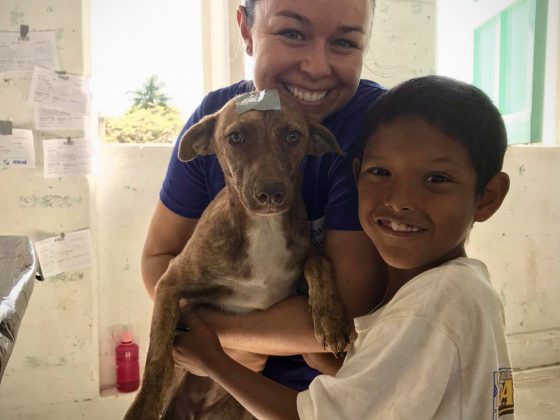 Une bénévole FAVI accueille un enfant et son chien à la clinique.